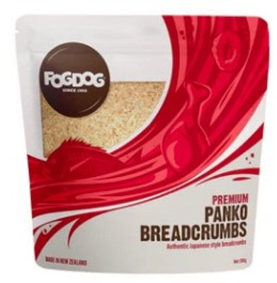 Packaging of Fogdog Premium Panko Breadcrumbs, showing the product and the brand's logo against a red and white design background.
